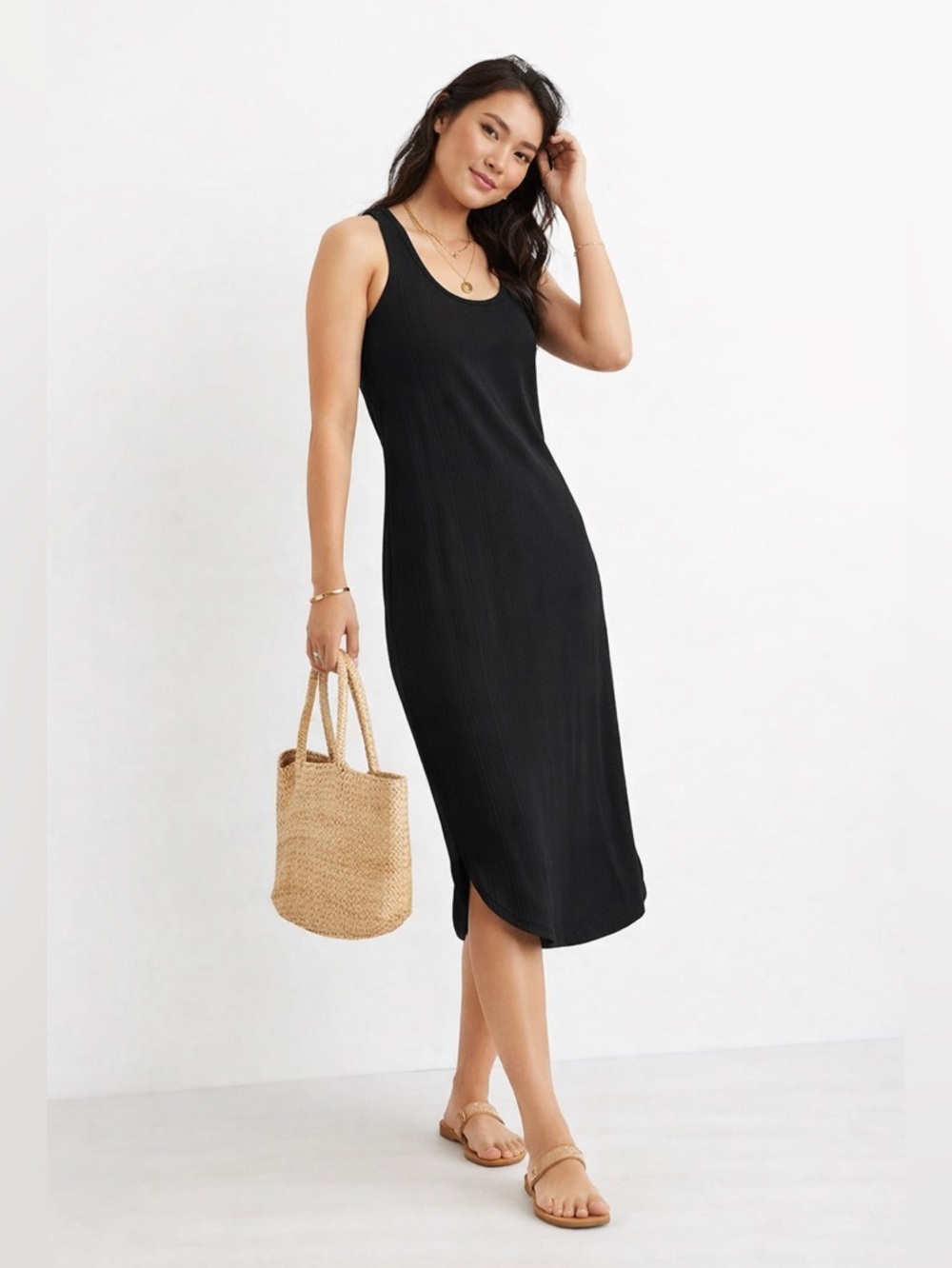 Aerie Sleek Black Ribbed Tank Midi Dress Large